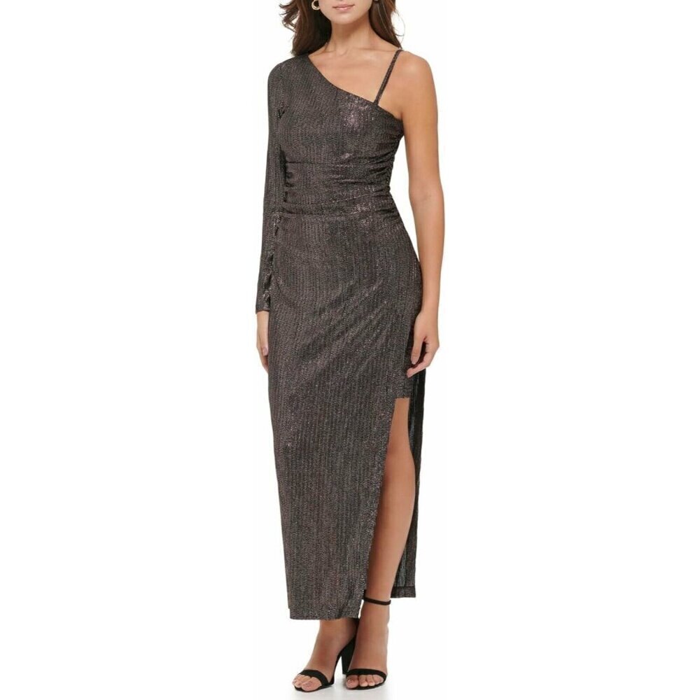 NWT GUESS ONE SLEEVE HIGH SLIT BRONZE STRIPED FOIL KNIT DRESS SZ 8